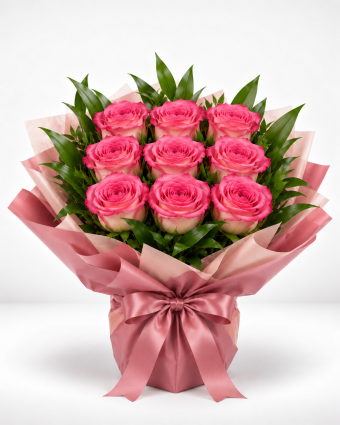 Elegant Nine-Rose Bouquet with Satin Bow