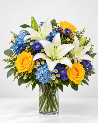 White Lilies and Blue Garden Bouquet