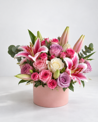 Elegant Pink Lily and Rose Hatbox Bouquet