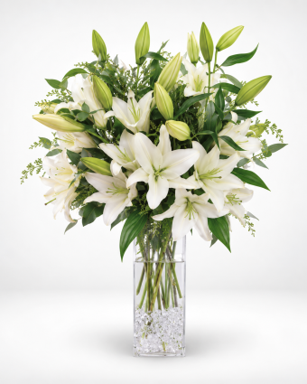 Elegant White Lily Bouquet in Glass Vase
