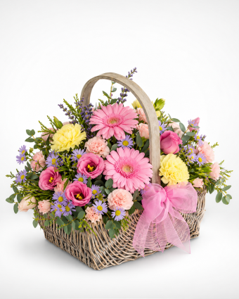 Pastel Flower Basket with Pink Bow