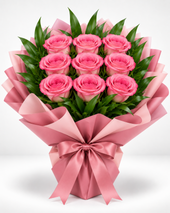 Nine-Rose Pink Wrapped Bouquet