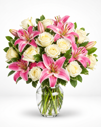 Vibrant Pink Lilies and Ivory Roses