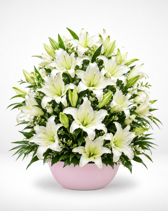 Lush White Lily Bouquet in Pink Bowl