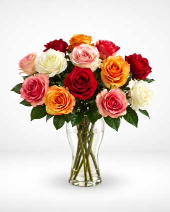 Colourful Rose Bouquet in Glass Vase