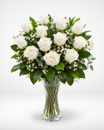 Elegant White Rose Bouquet in Glass Vase