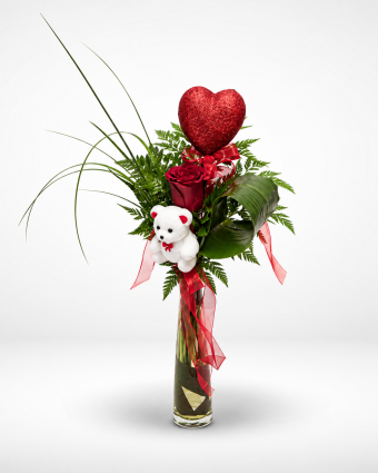 Red Rose Heart Bouquet with Teddy Bear