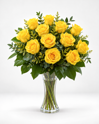 Radiant Yellow Rose Bouquet in Glass Vase