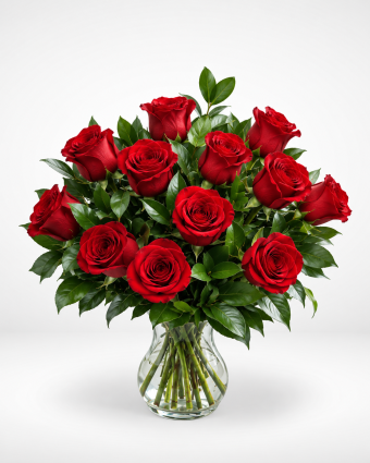 Crimson Rose Bouquet in Glass Vase (1)