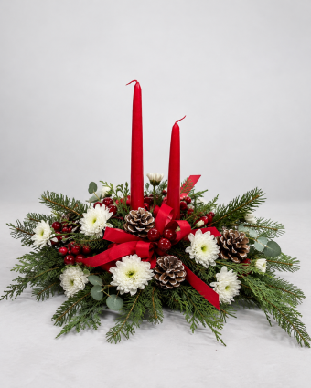 Festive Red Candle Evergreen Centrepiece