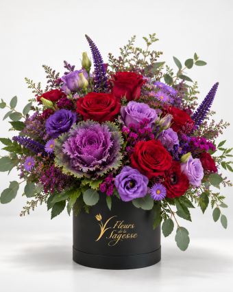 Elegant Burgundy and Purple Hatbox Bouquet
