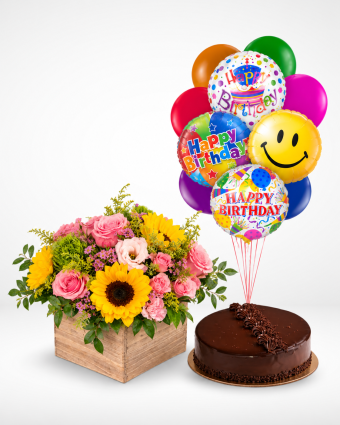 Festive Birthday Flowers, Cake and Balloons