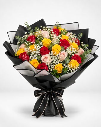 Elegant Mixed Rose Bouquet in Black Wrap