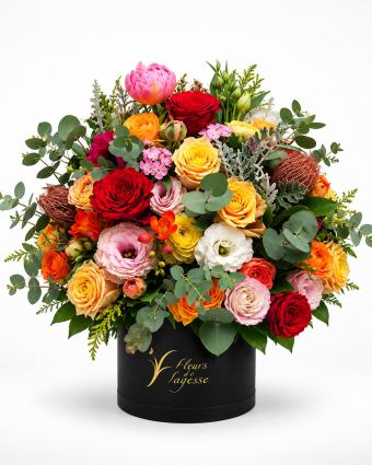 Vibrant Mixed Bouquet in Gold-Branded Hatbox