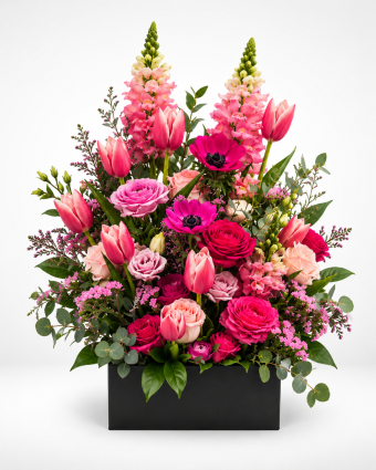 Vibrant Pink Flowers in Black Box
