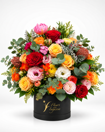 Bouquet coloré dans une boîte noire