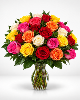 Vibrant Mixed Rose Bouquet in Glass Vase