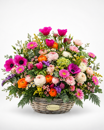 Vibrant Flowers in a Woven Basket