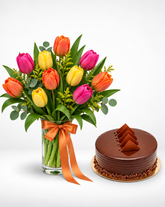 Colourful Tulip Bouquet and Chocolate Cake