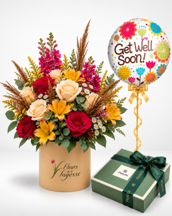 Bouquet chaleureux, ballon et chocolats