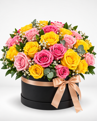 Luxurious Pink and Yellow Rose Hatbox Bouquet