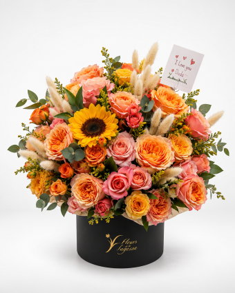 Sunflower and Roses in a Gold-Trimmed Hatbox
