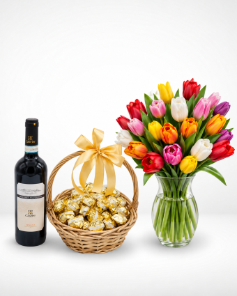 Wine, chocolates and tulips gift set