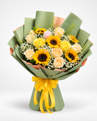 Sunflower and Pastel Rose Bouquet