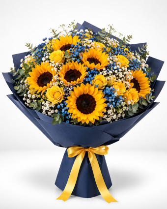 Sunflower and Blue Statice Bouquet